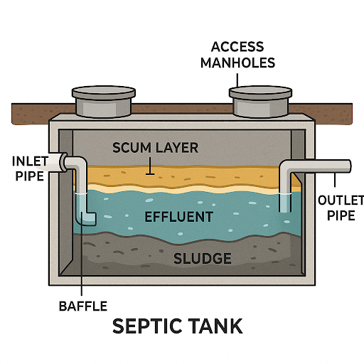Diagram showing the internal structure of a septic tank.