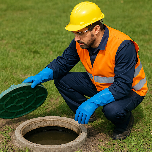 Technician performing a septic tank inspection