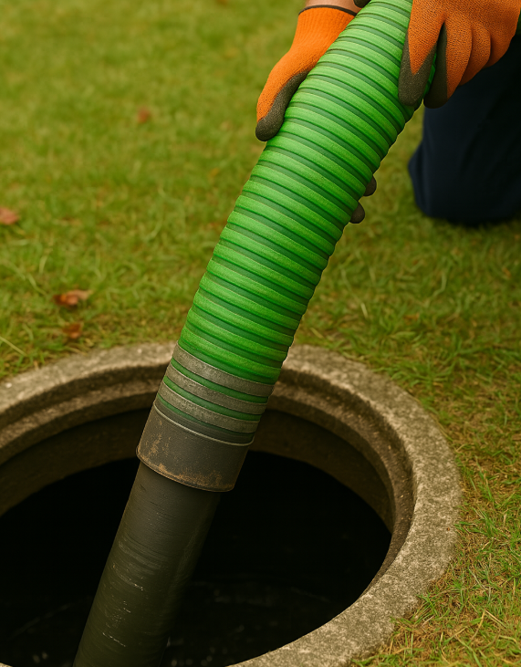 Closeup of a Technician conducting septic tank cleaning using a vacuum pump to remove sludge from a residential tank.