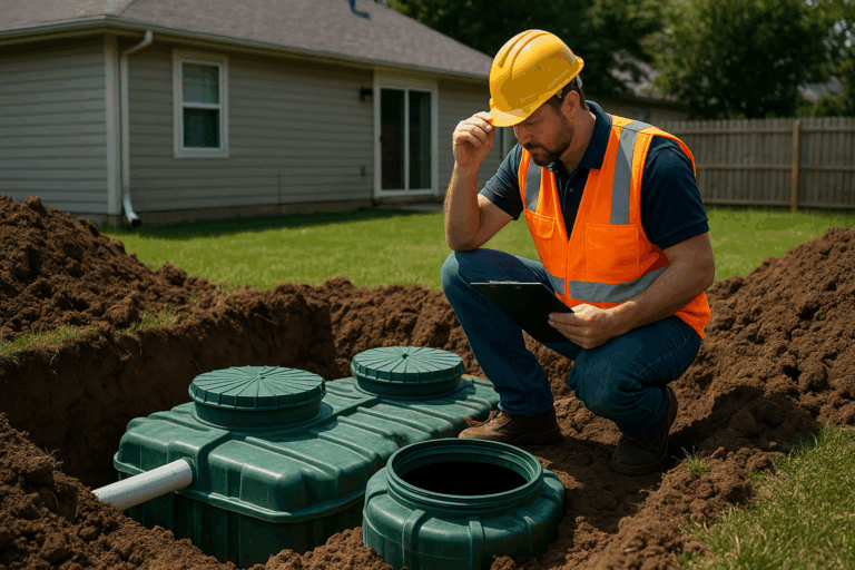 Worker inspecting septic tank installation on a residential property.