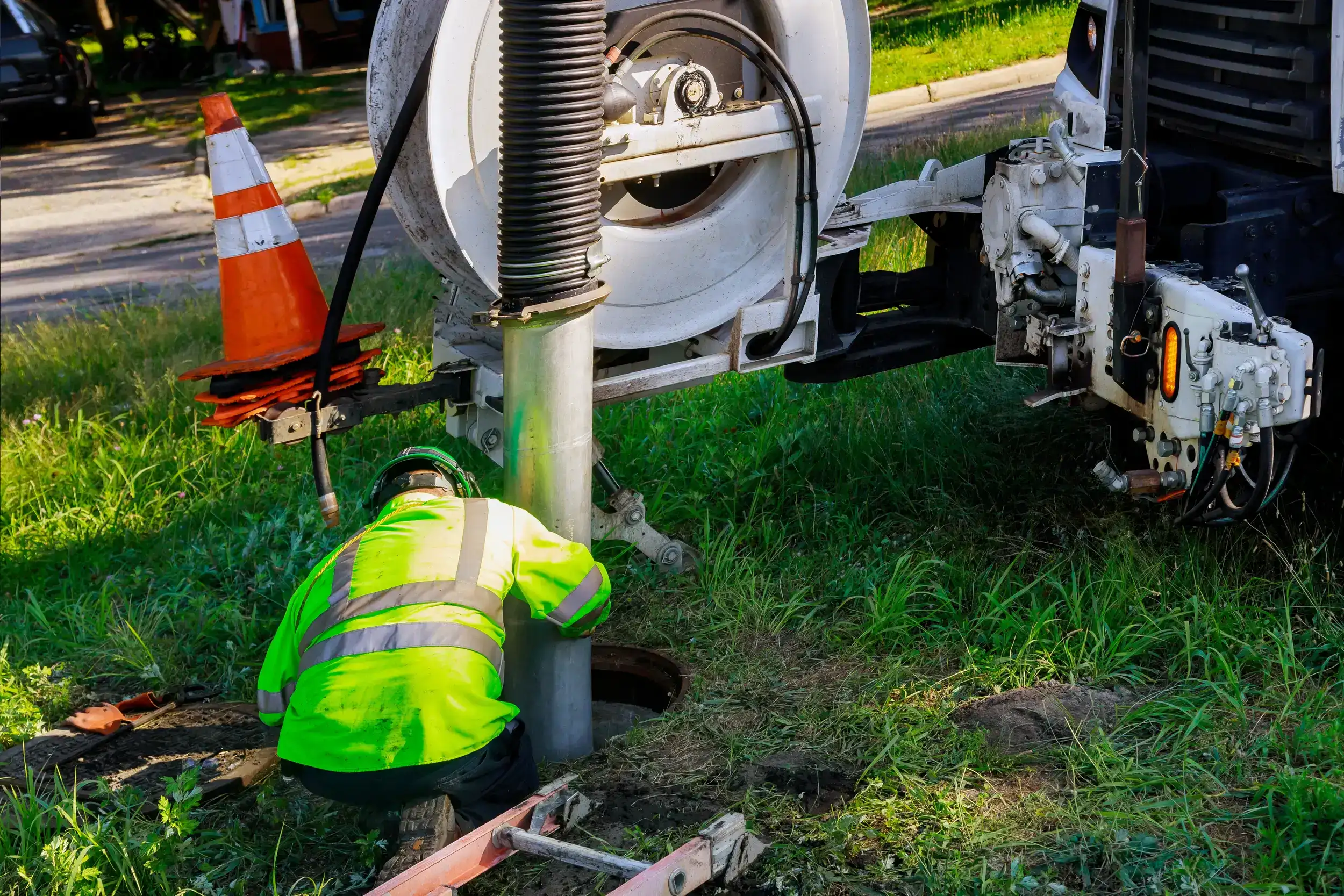 A service worker cleaning the septic tank.