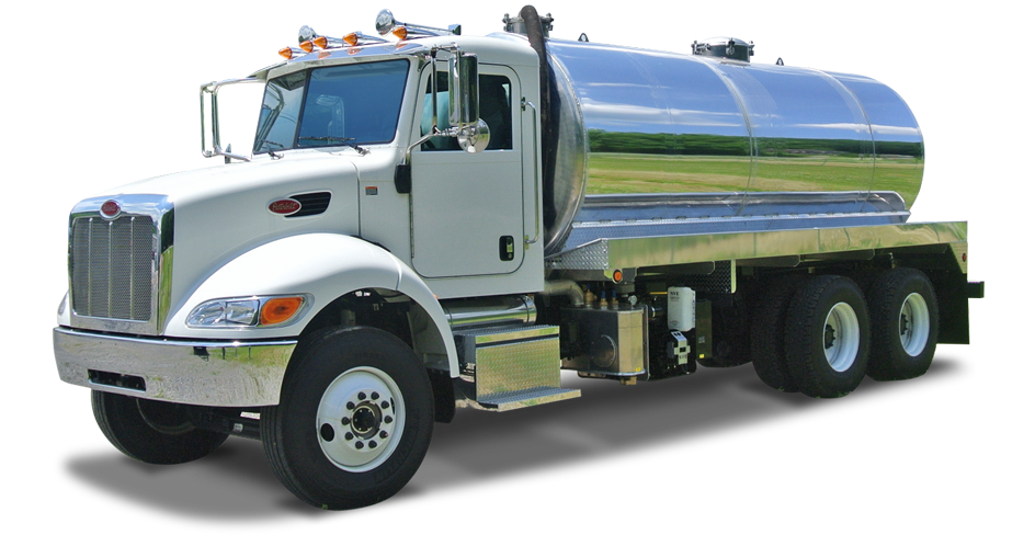A shiny white tanker truck with a polished metal tank, featuring chrome accents and large wheels, displayed on a transparent background.