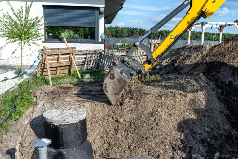 Excavator burying septic tank with soil during septic tank installation on a residential property.